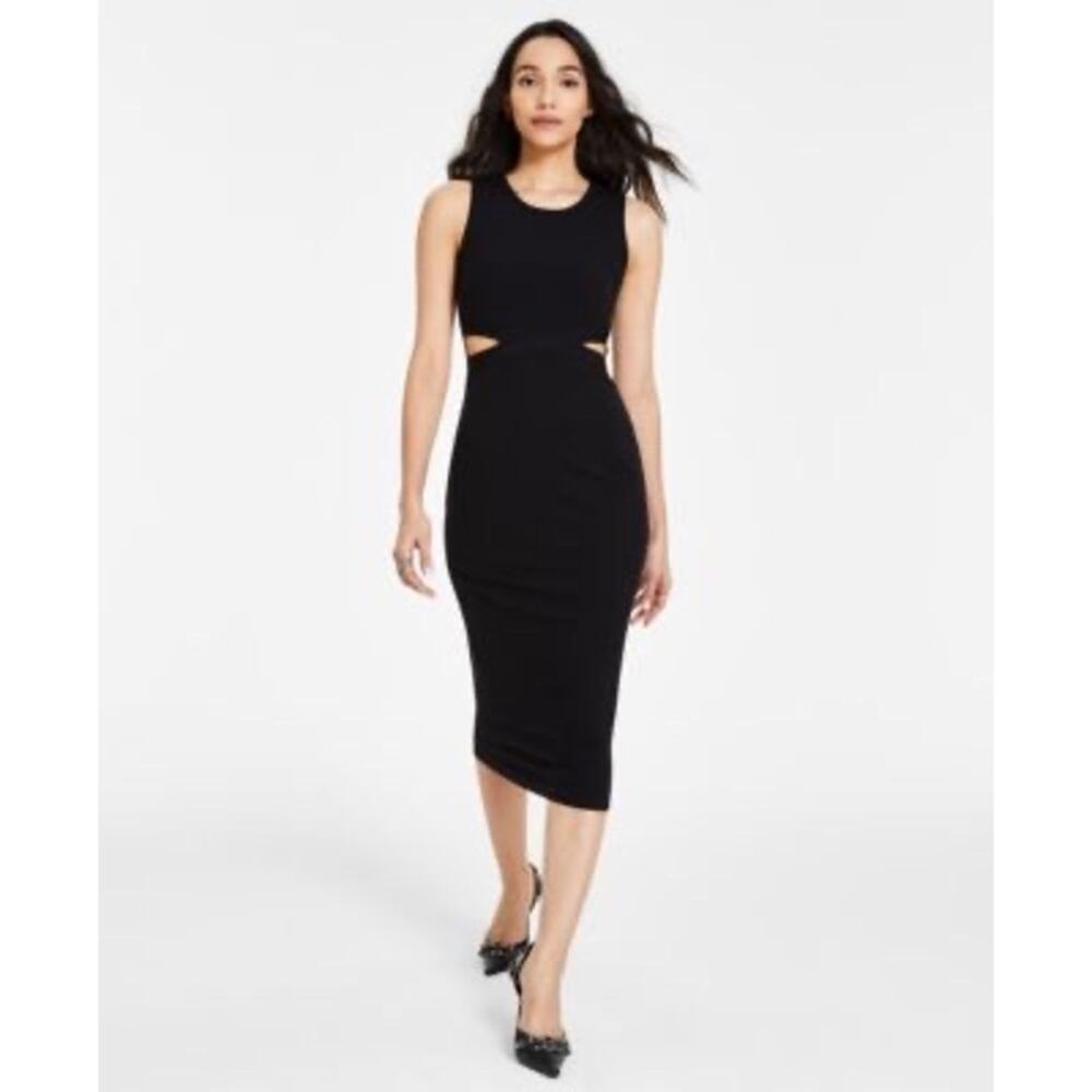 Bar III Black Side Cutout Midi Dress Sleeveless Ribbed Knit Bodycon Size M